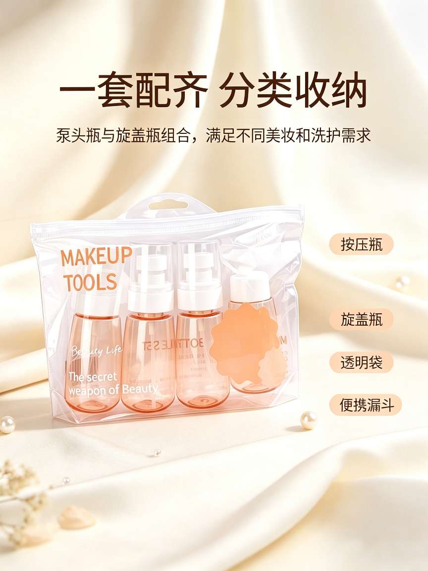 Portable travel portioning bottle set, press-type empty bottle skin care products, lotions, shampoos, for outdoor portioning and storage detail image 1