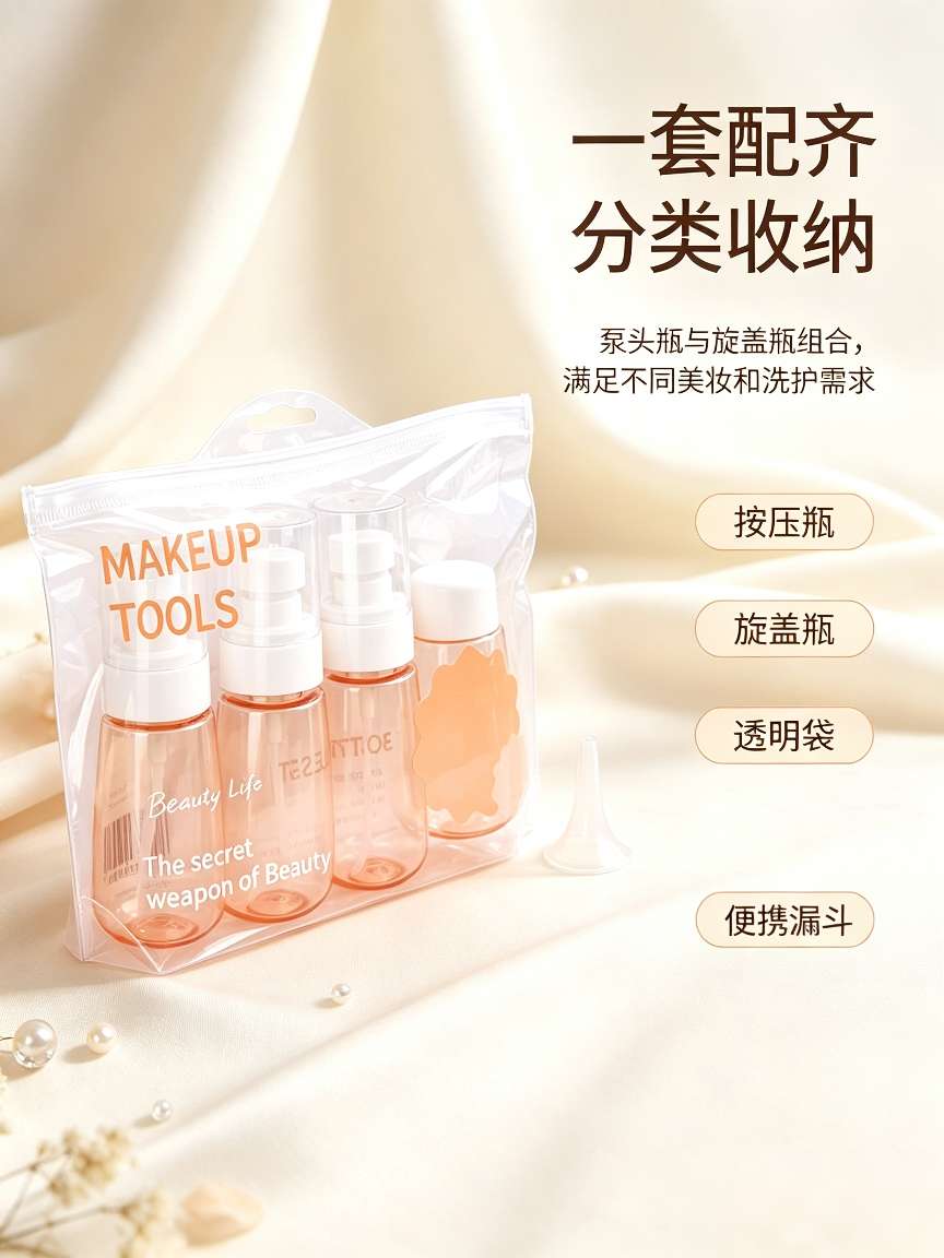 Portable travel portioning bottle set, press-type empty bottle skin care products, lotions, shampoos, for outdoor portioning and storage detail image 5