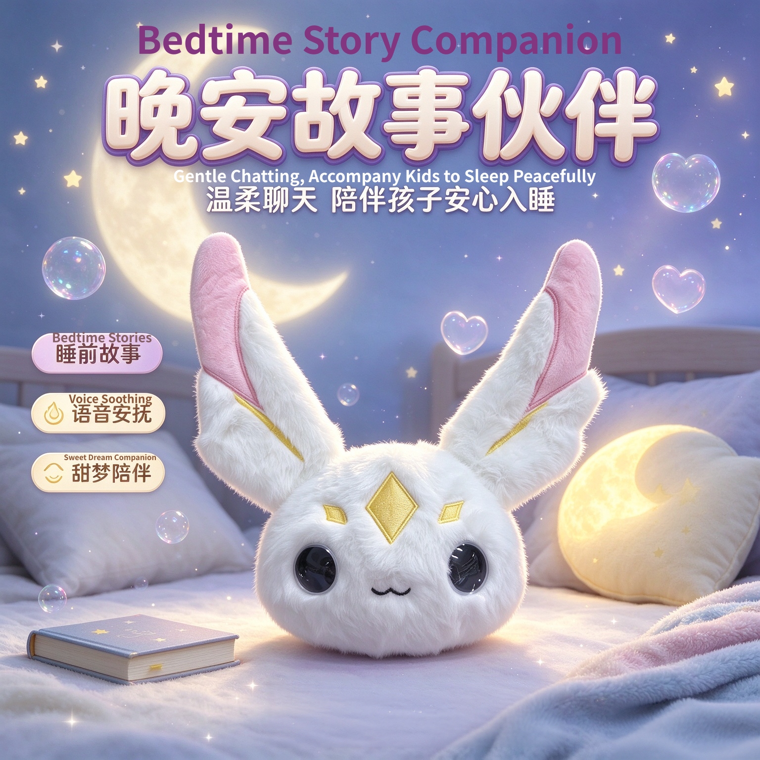 The AI Big Head series features five different styles of plush toys, each equipped with an AI movement and an eye display. They can be used for chatting, emotional companionship, encyclopedic Q&A, learning, education, and gift-giving Application Scenario