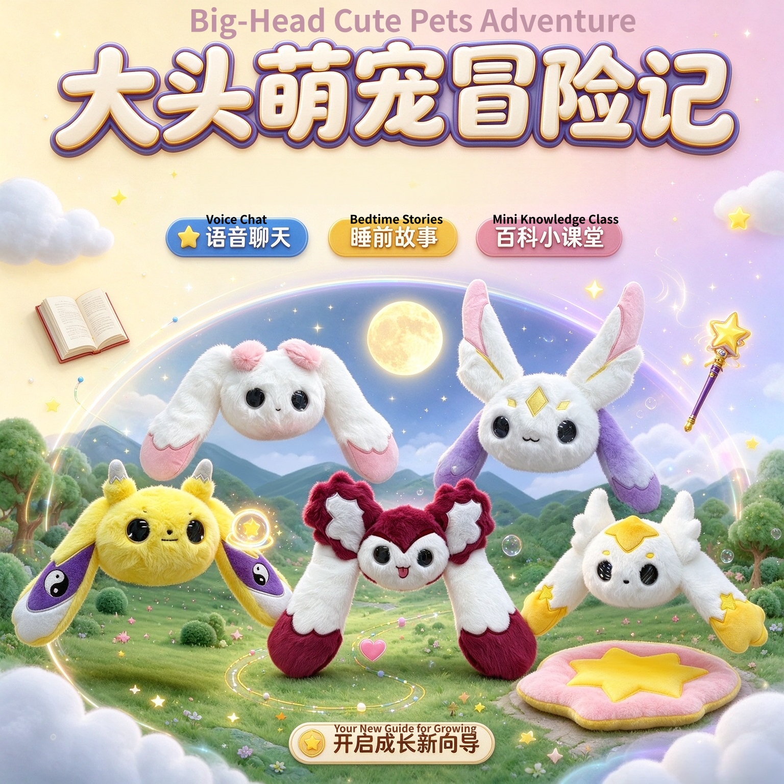 The AI Big Head series features five different styles of plush toys, each equipped with an AI movement and an eye display. They can be used for chatting, emotional companionship, encyclopedic Q&A, learning, education, and gift-giving Specification image