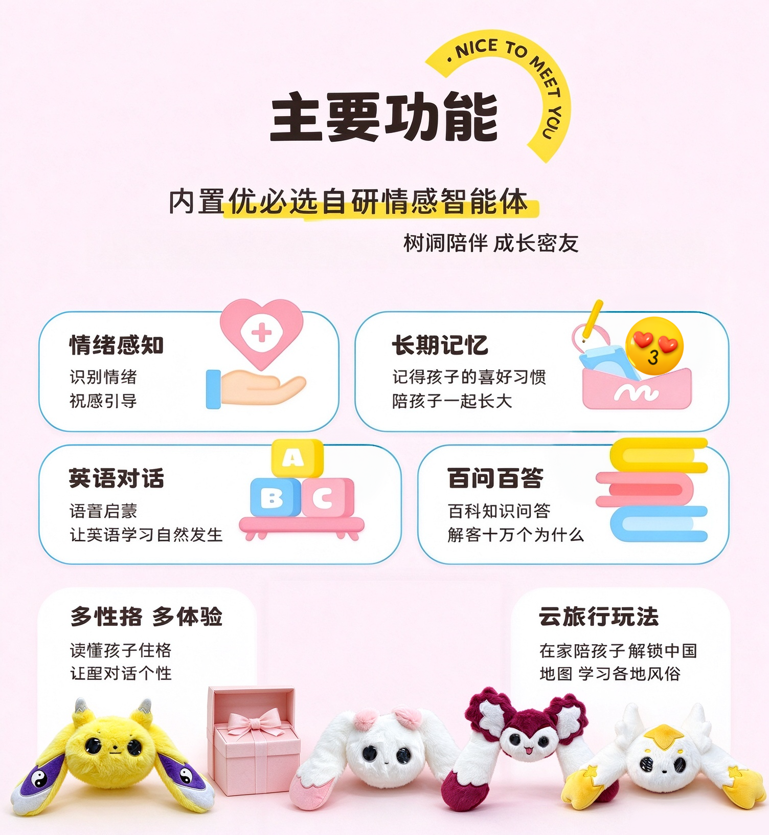 The AI Big Head series features five different styles of plush toys, each equipped with an AI movement and an eye display. They can be used for chatting, emotional companionship, encyclopedic Q&A, learning, education, and gift-giving pic 5