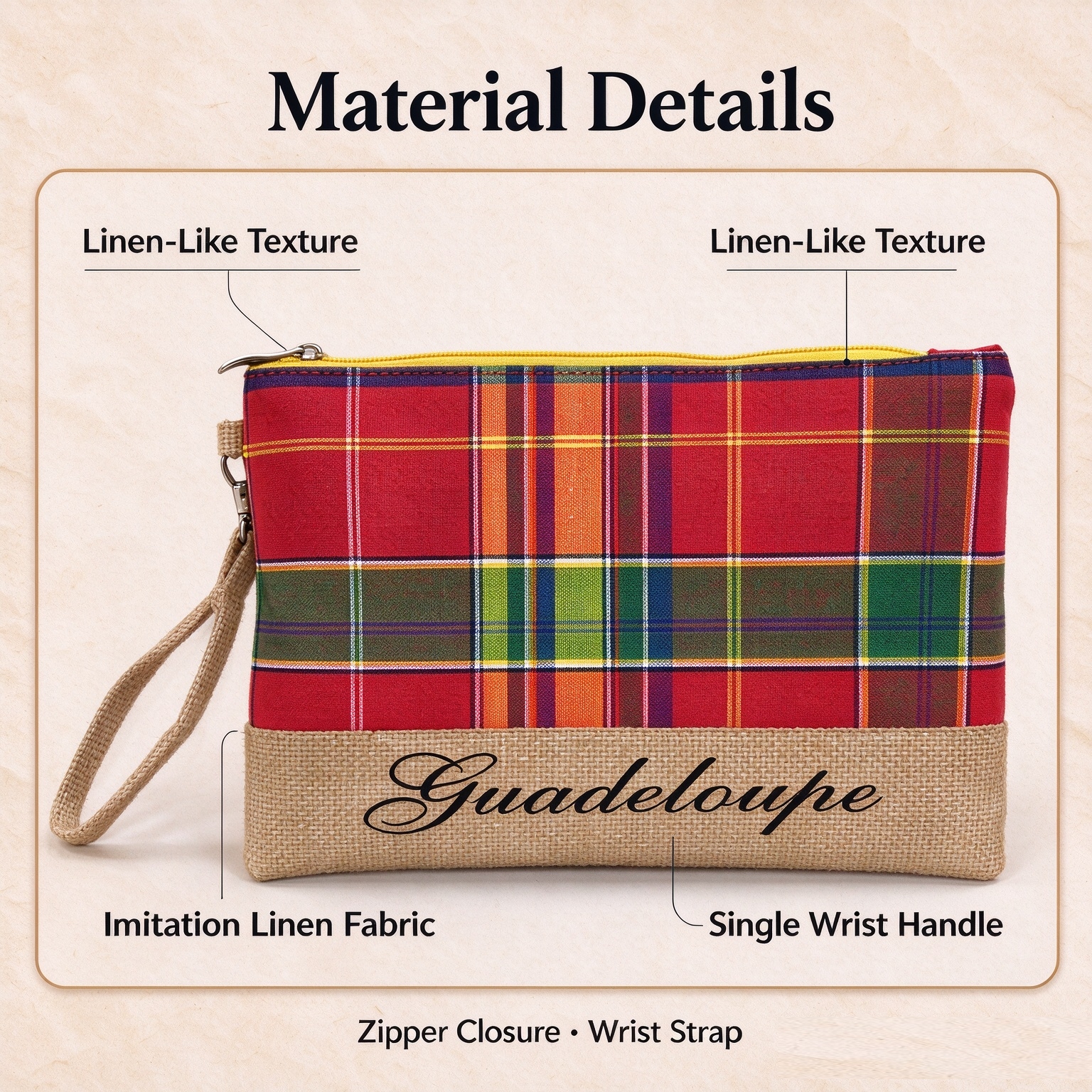 This multi-purpose storage bag with a zipper and a checkered fabric faux linen bottom edge is fashionable, simple and versatile details Picture