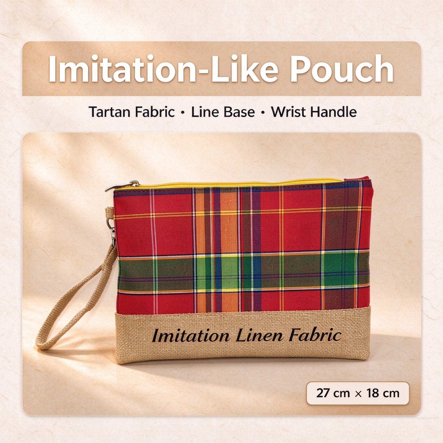 This multi-purpose storage bag with a zipper and a checkered fabric faux linen bottom edge is fashionable, simple and versatile Item Picture