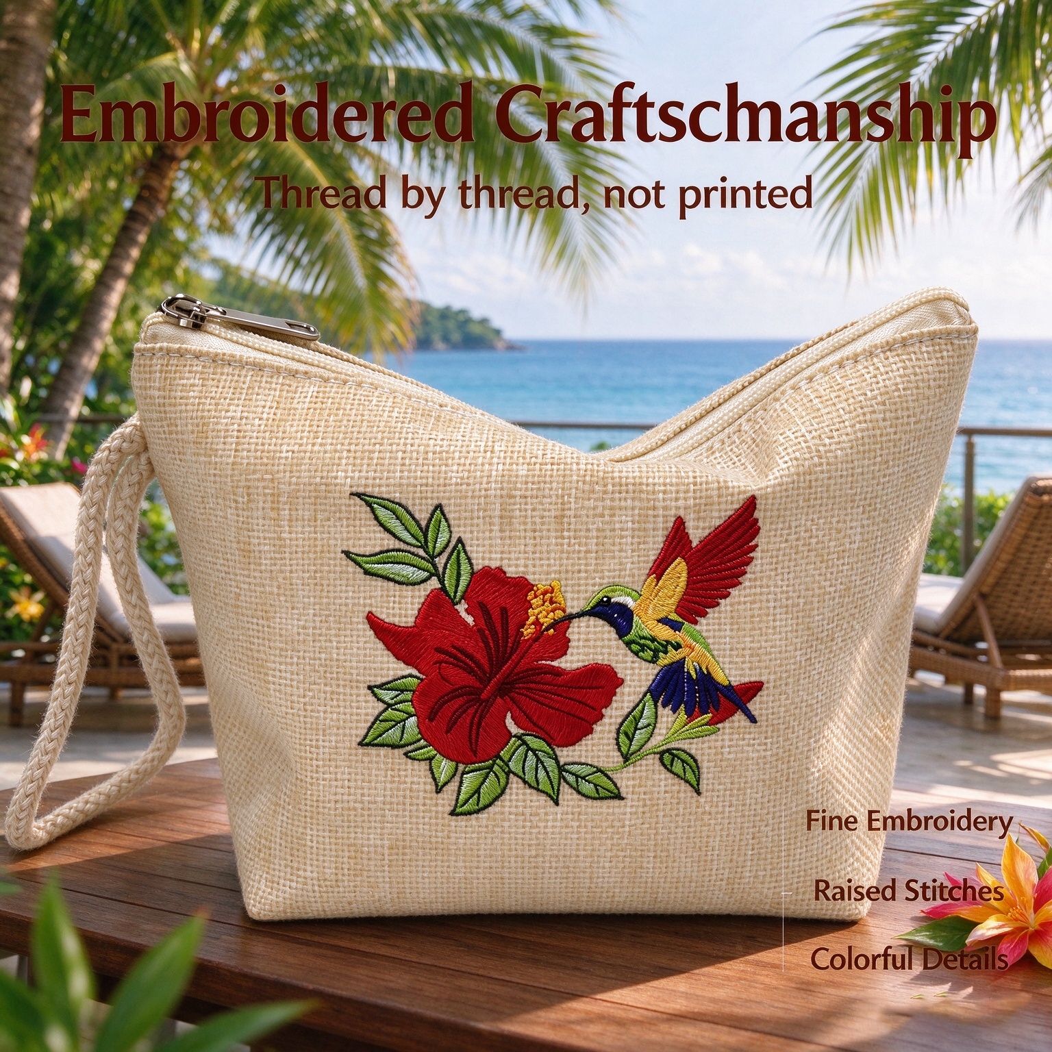 OEM Custom Embroidere Flower Linen Clutch Bag zipper Purse 