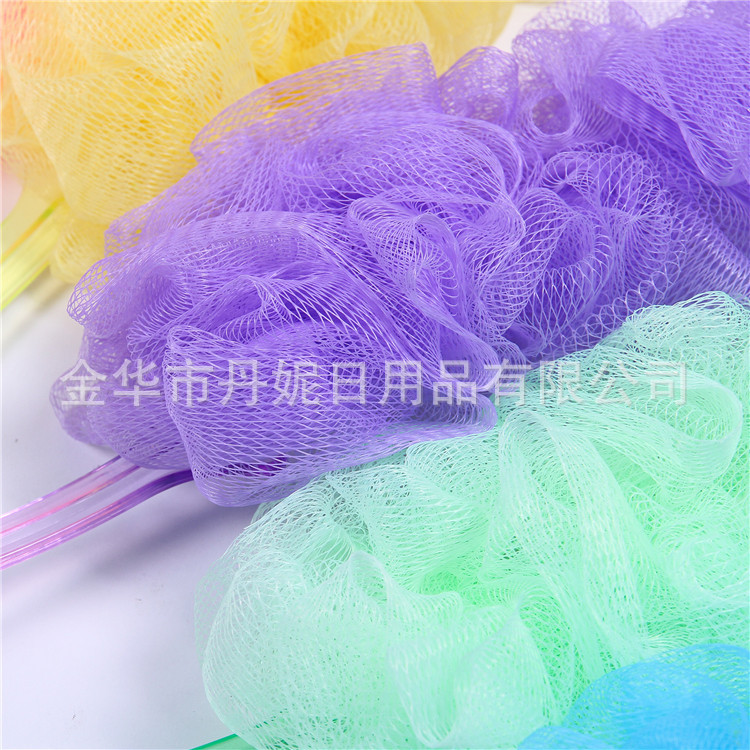 义乌好货 厂家直销 热卖 一色浴擦 手柄沐浴花 搓背神器 泡沫丰富环保PE材-1006/35800白底实物图