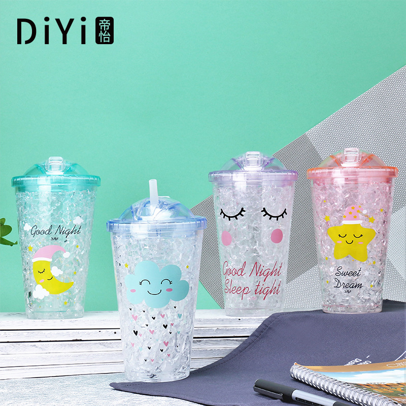 Yiwu good goods ins small fresh plastic summer ice cup students home leisure double gel juice refrigeration cup in stock -1006/36591 thumbnail