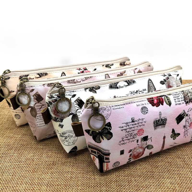 布禾初韩版小清新学生单拉笔袋 复古玫瑰铁塔文具铅笔袋 学习用品批发