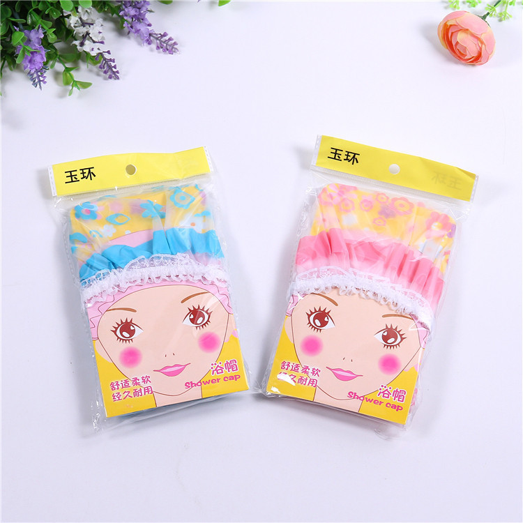 义乌好货 厂家直销热卖浴帽 EVA浴帽 护发帽 高档蕾丝花边家居必备洗澡用品-1006/35800白底实物图