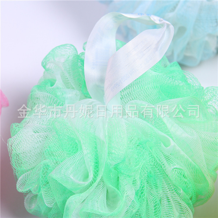 义乌好货 厂家直销 热卖 高品质细网超柔两色沐浴花 高品质丝带 洗澡必备-1006/35800白底实物图