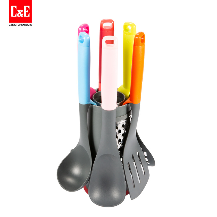 Yiwu Selection Kitchen cooking set of 7 pieces, high quality nylon kitchenware set, light color handle, with kitchenware barrel -1003/19006
