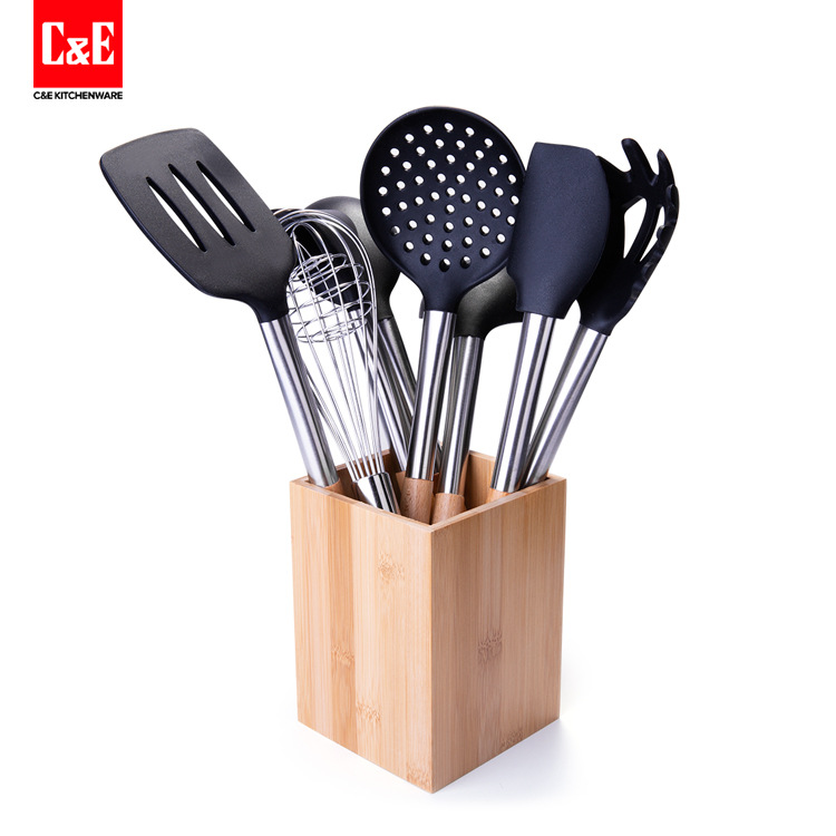 Yiwu Selection Kitchen 9 sets of cooking utensils, non-stick nylon cooking tools set, cooking tools with wooden handle -1003/19006