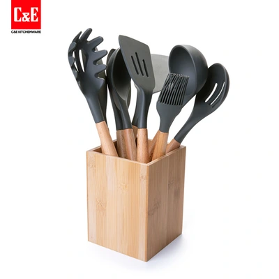 Yiwu Selection nylon cooker sets of 10 pieces, wooden handle + nylon dual material production, creative kitchen utensils and appliances -1003/19006 thumbnail
