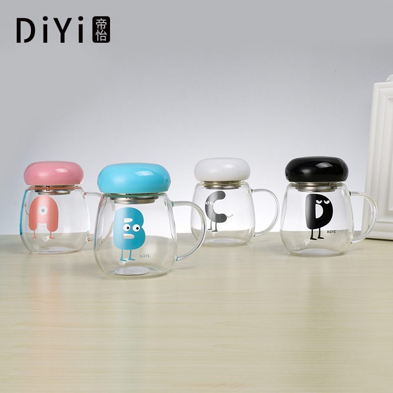 Yiwu good goods manufacturers selling cute cartoon high temperature mushroom cover water cup single-layer unleaded juice drink glass with handle -1006/36591 thumbnail