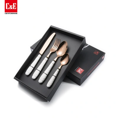 Yiwu Selection C&E Creative kitchen utensils and appliances 4 piece set ceramic handle mirror polished stainless steel tableware thumbnail