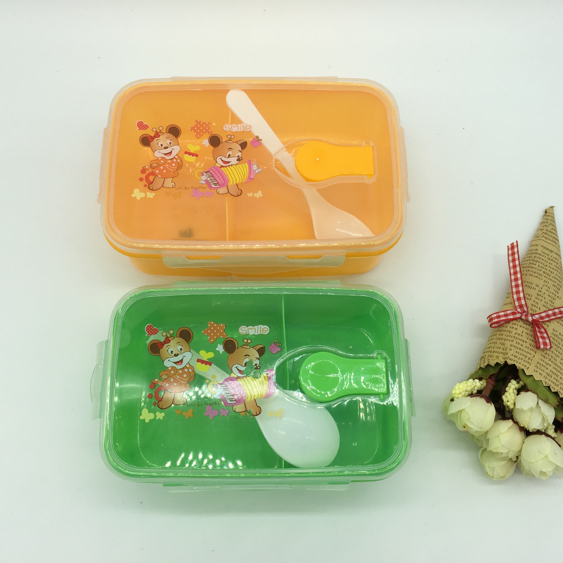 义乌好货 卡通可爱透明长方形塑料野餐盒 学生儿童便携午餐盒两格饭盒-1006/34495
