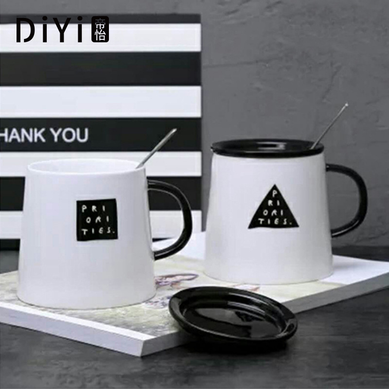 义乌好货 现货供应新款创意几何图案陶瓷杯带盖勺办公室牛奶咖啡早餐马克杯-1006/36591图