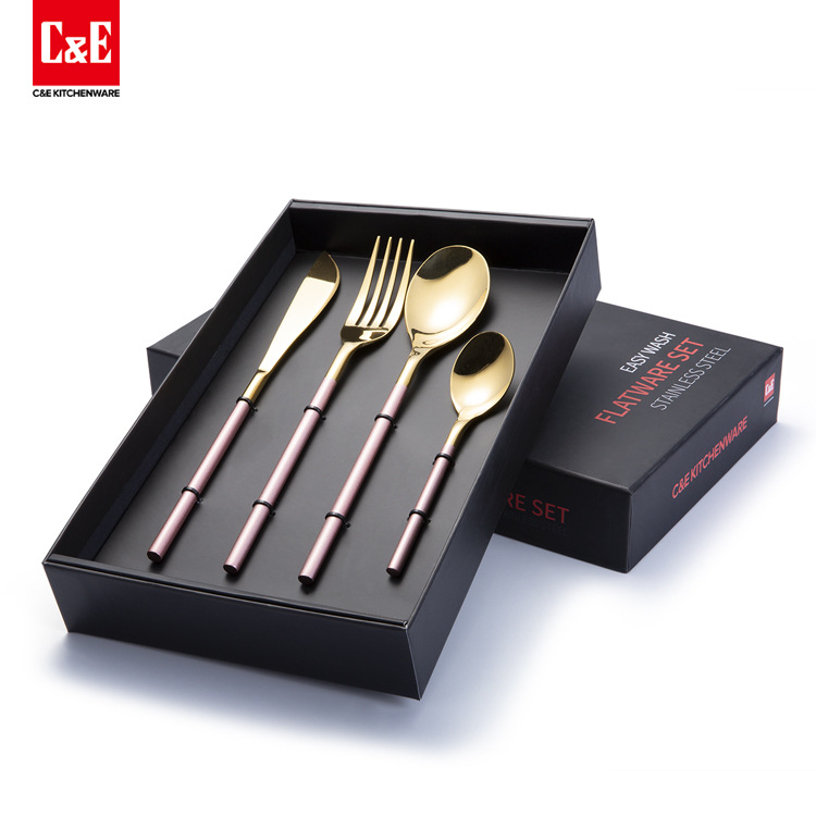Yiwu Selection C&E kitchen utensils and appliances powder gold two-color knife, fork and spoon set of 4 304 stainless steel knives, forks and spoons thumbnail