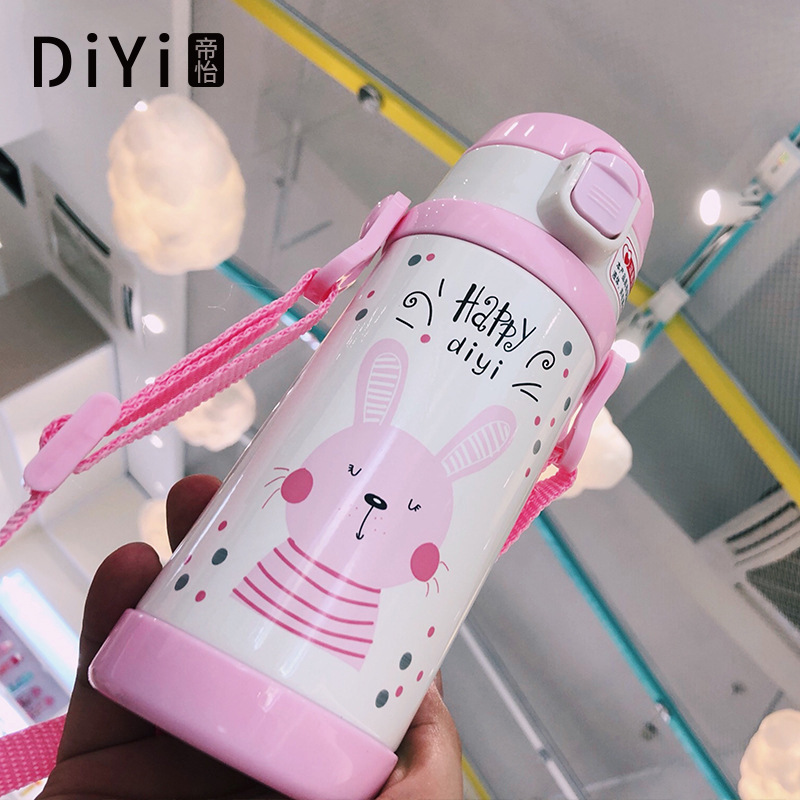 Yiwu Good Goods Cute Animal Student Thermos Cup 304 Stainless Steel Double Cover With Straw Strap Portable Baby Outdoor Water Cup -1006/36591 details Picture