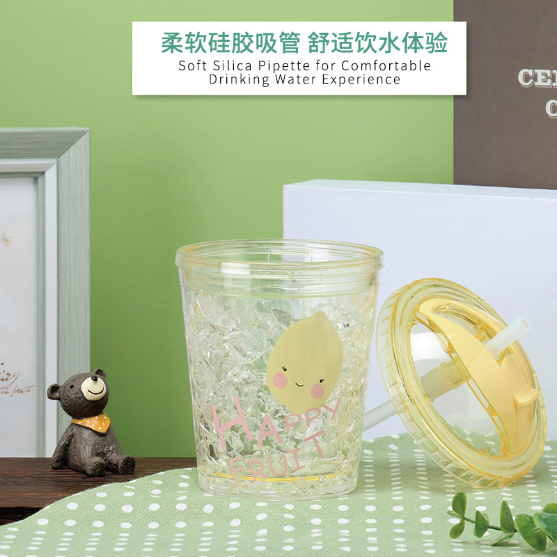 Yiwu Good Goods Summer Creative Cute Fruit Straw Ice Cup Female Students Korean Version Fashion Double Trend Push Lid Refrigeration Cup Gift -1006/36591 Application Scenario