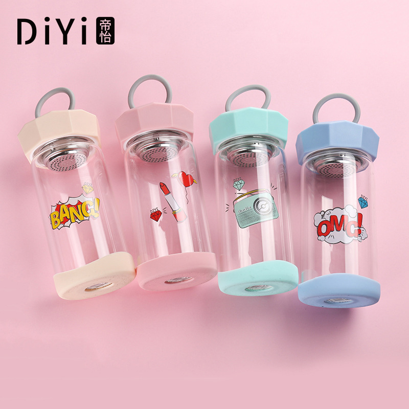 Yiwu Good Goods Manufacturers New Cute Cartoon Silicone Rope Tea Cup Single-Layer Non-Slip With Cover High Borosilicate Glass Water Cup Female -1006/36591