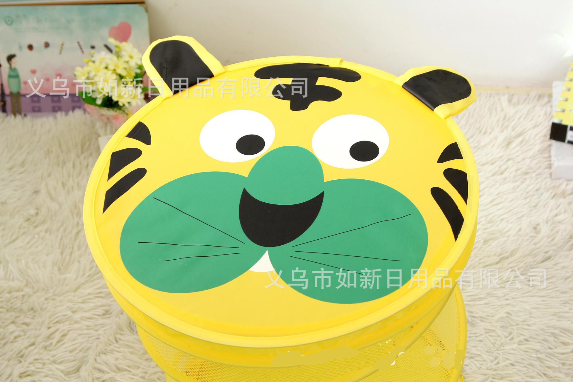 Yiwu Selection manufacturer direct selling diameter 38x 45cm high toy basket cartoon yellow tiger folding polyester mesh laundry basket -1001/1497 thumbnail