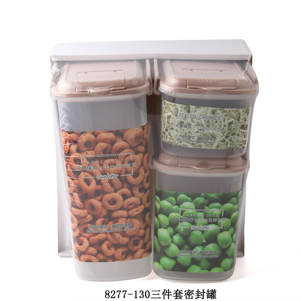 Yiwu Good Goods Household Five-Grain Storage Box, Food with Lid, Square Grain Jar, Plastic Transparent Storage Box, Three-piece Set, Sealed Jar -1006/35978 details Picture