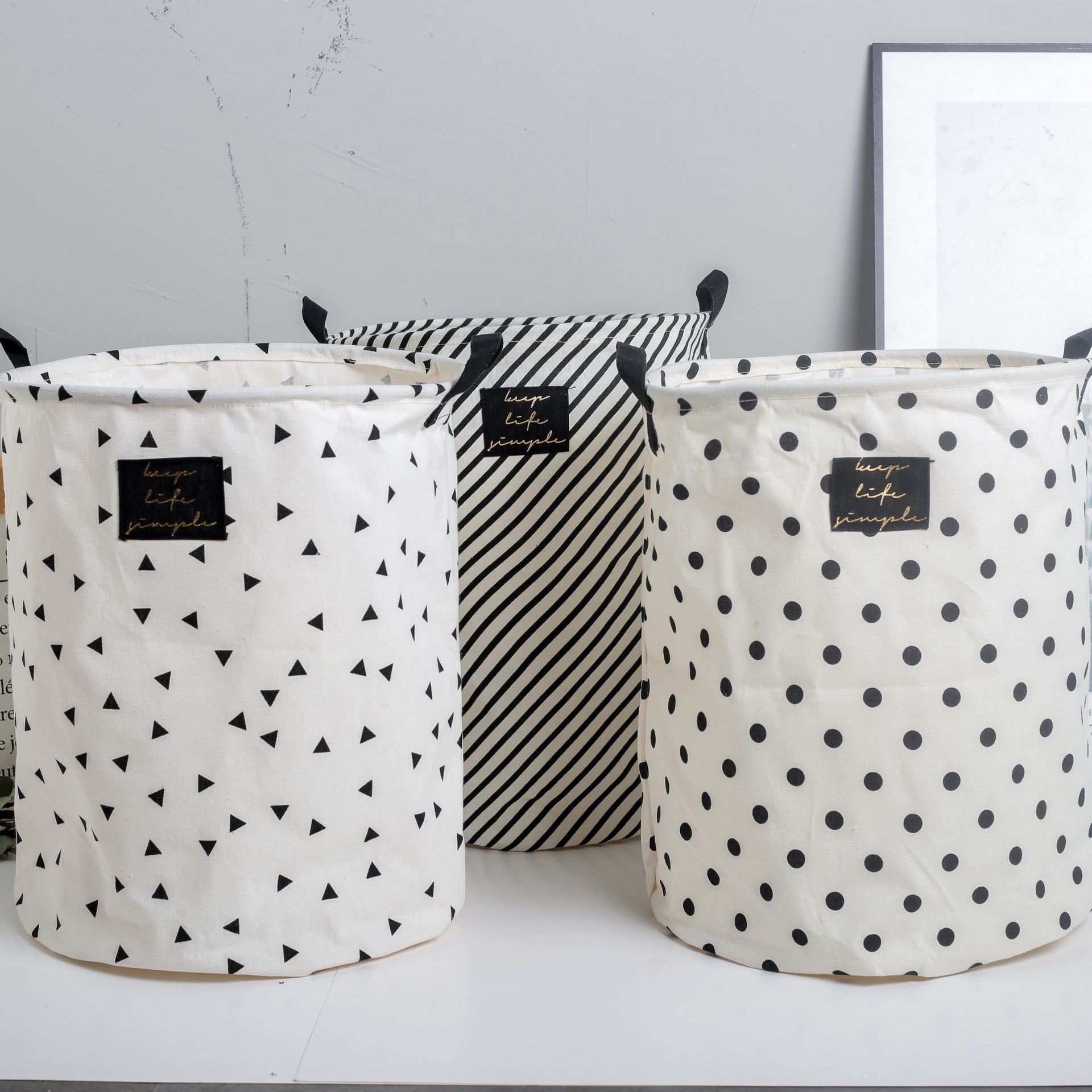 Yiwu Selection cotton and linen waterproof label black label laundry basket storage tank home storage folding bedroom details Picture