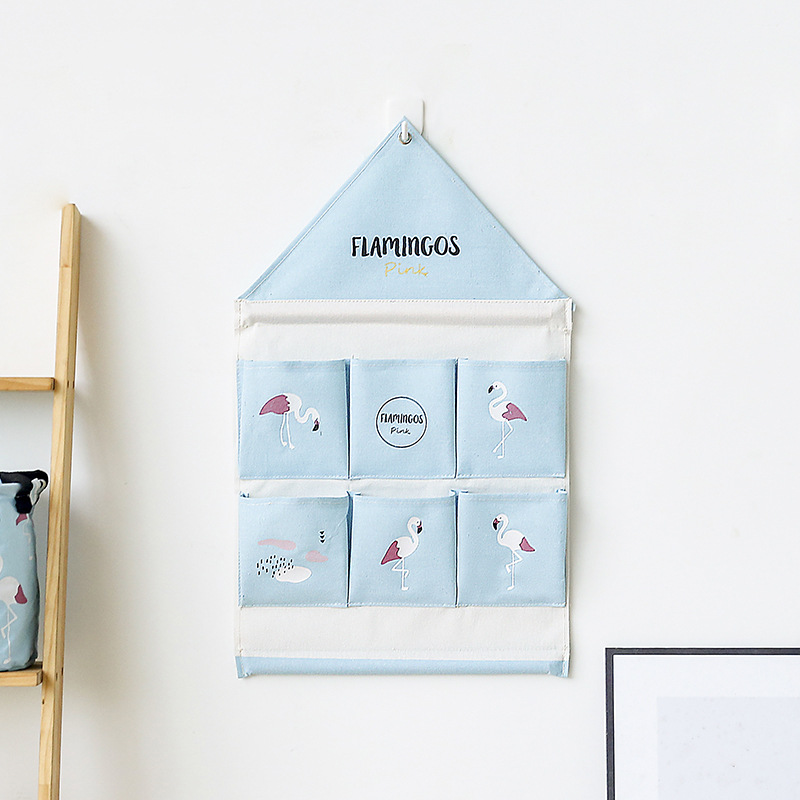Yiwu Selection 6 pocket flamingo house modeling wall hanging bag multifunctional sundry folding hanging bag Specification drawing