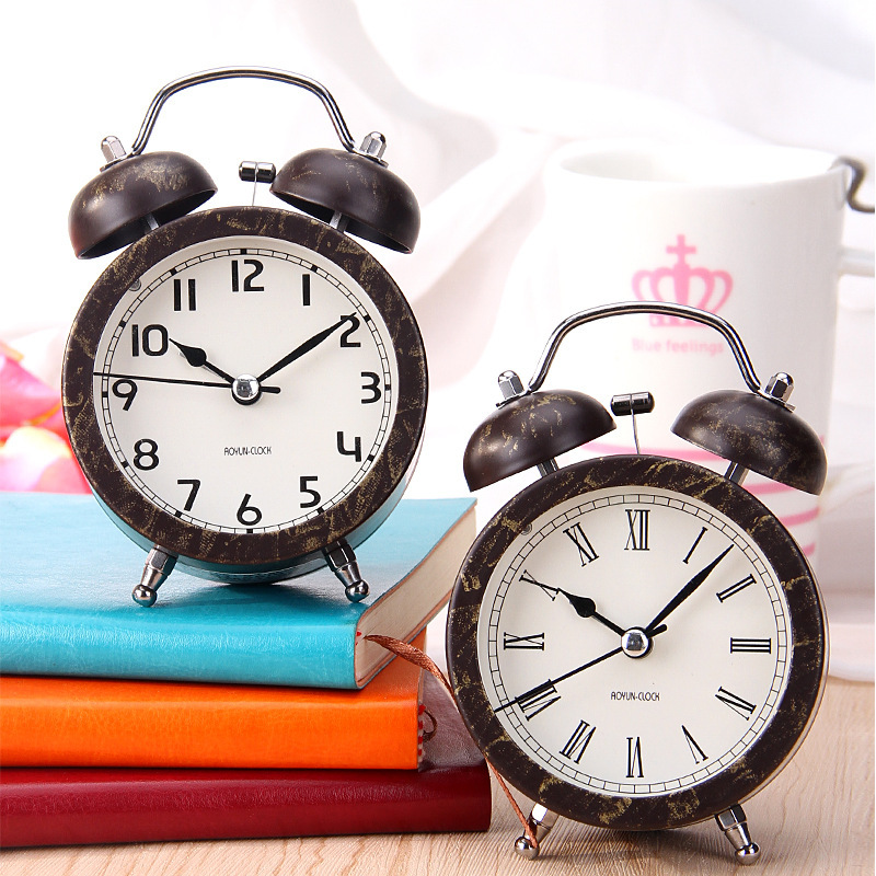 New creative metal fashion black bronze desk clock Student bedroom bedside mute band light 4in bell alarm clock -1003/18505