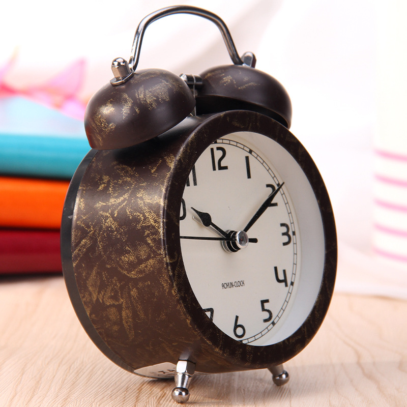 New creative metal fashion black bronze desk clock Student bedroom bedside mute band light 3in bell alarm clock -1003/18505