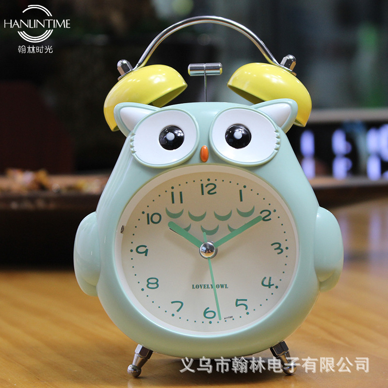 Yiwu Selection cute cartoon cat head eagle children student alarm clock Bedroom bedside clock silent scan night light metal bell ringing bell -1003/18505 thumbnail