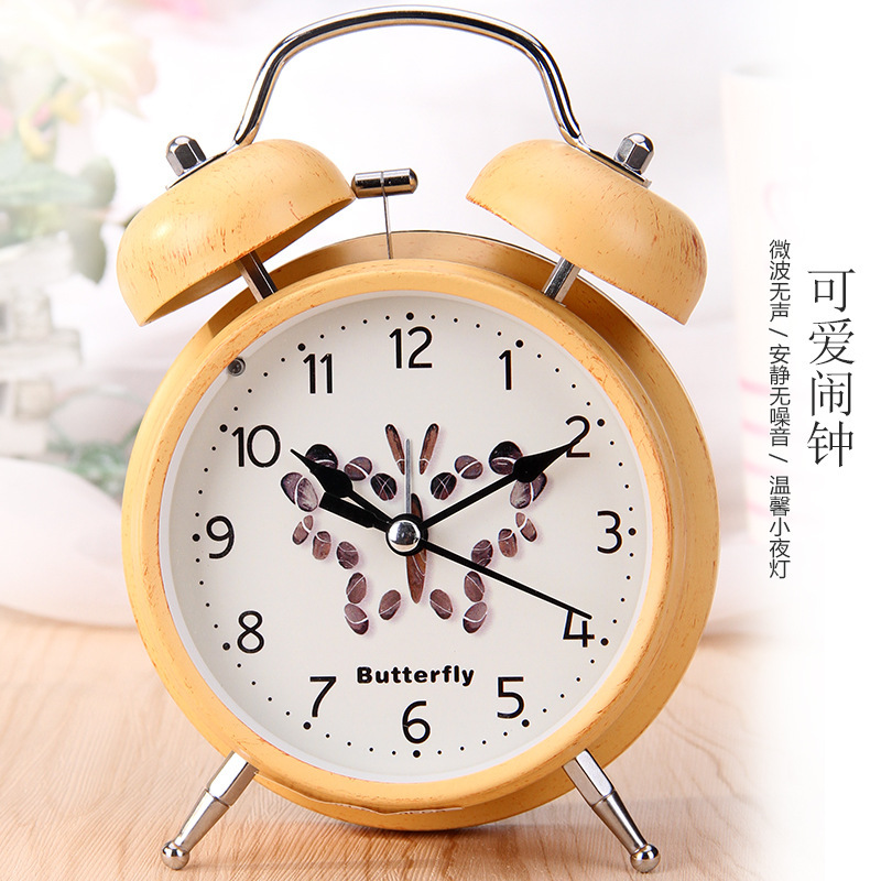 New creative metal fashion sweeping wood grain desk clock Student bedroom bedside mute band light 4in bell alarm clock -1003/18505
