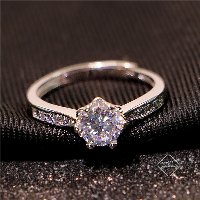 Yiwu good goods 925 sterling silver six claw petal zircon ring female Japanese and Korean marriage proposal carat simulation diamond ring wedding tide ring silver jewelry -1001/5690 thumbnail