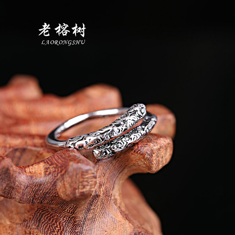 义乌好货 厂家直销 祥云如意金箍棒银戒指 做旧花纹简约复古银指环-1001/5539B