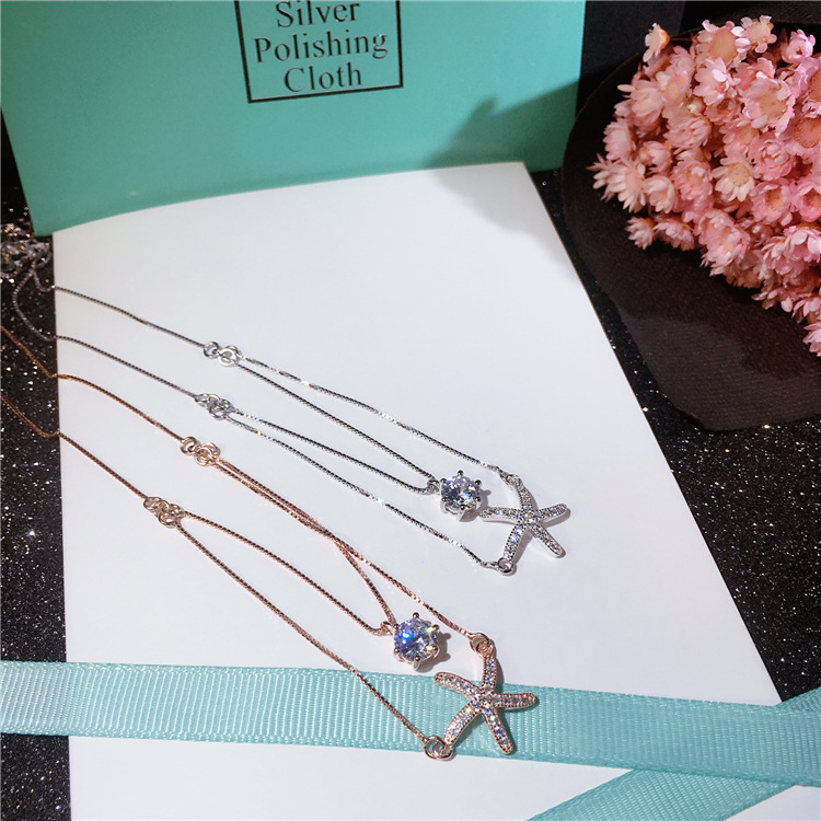 义乌好货 S925纯银海星双层项链气质五角星星玫瑰金锁骨链女银首饰日韩简约-1001/5690