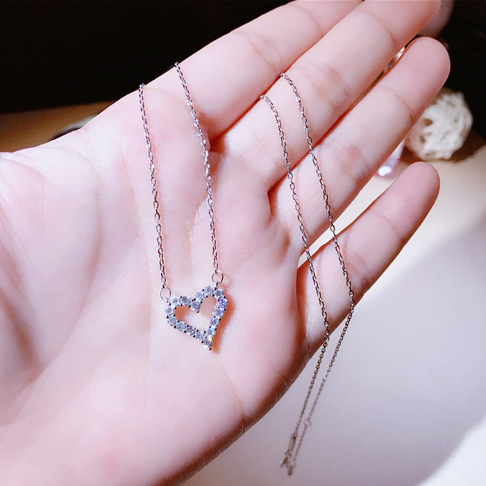 Yiwu good goods hollow heart diamond necklace s925 sterling silver clavicle chain heart set chain temperament silver chain -1001/5690