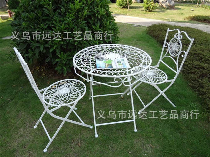 义乌好货 欧式铁艺户外家具阳台休闲桌椅白色三件套组合庭院折叠洽谈小桌子-1001/9248