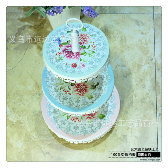 Yiwu Quality Goods European-style three-layer printed cake stand, lace pastry stand, wedding decorations, table ornaments -1001/9248