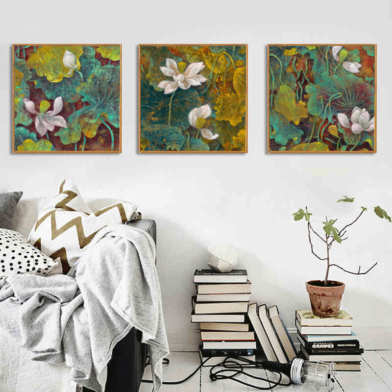 现代工笔重彩荷花喷绘挂画 客厅沙发背景三联幅挂画 卧室书房挂画