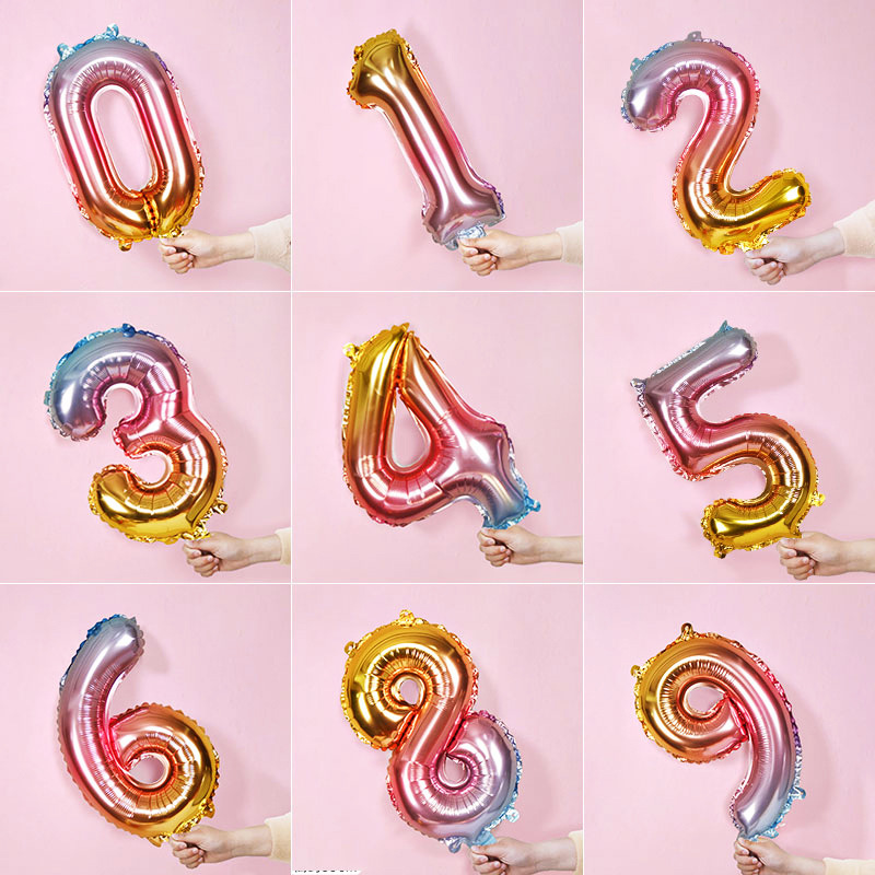 Yiwu Good Goods 16-inch gradient rainbow color fresh and clean style American slim body digital aluminum foil balloon Birthday Party Decoration -1001/1462