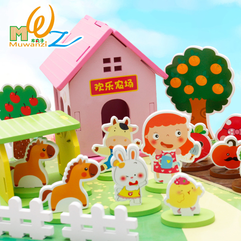 Wooden Meatball 3D Assembly Farm Accumulation wooden children's intelligence 3D Assembly Board toys for boys, babies and girls
