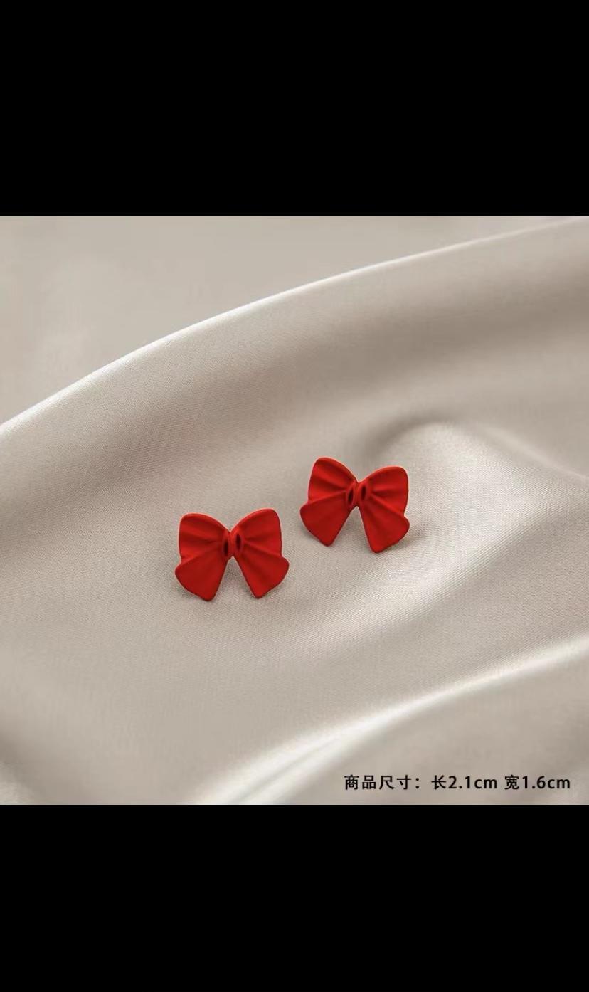 美之琴饰品073红色蝴蝶结韩版简约时尚耳钉