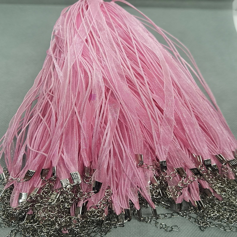 Pink yarn rope 3+1 three 6mm pink yarn ribbons and 1.5mm pink wax thread length 43cm and 5cm lobster buckle tail chain 100 pieces Specification drawing
