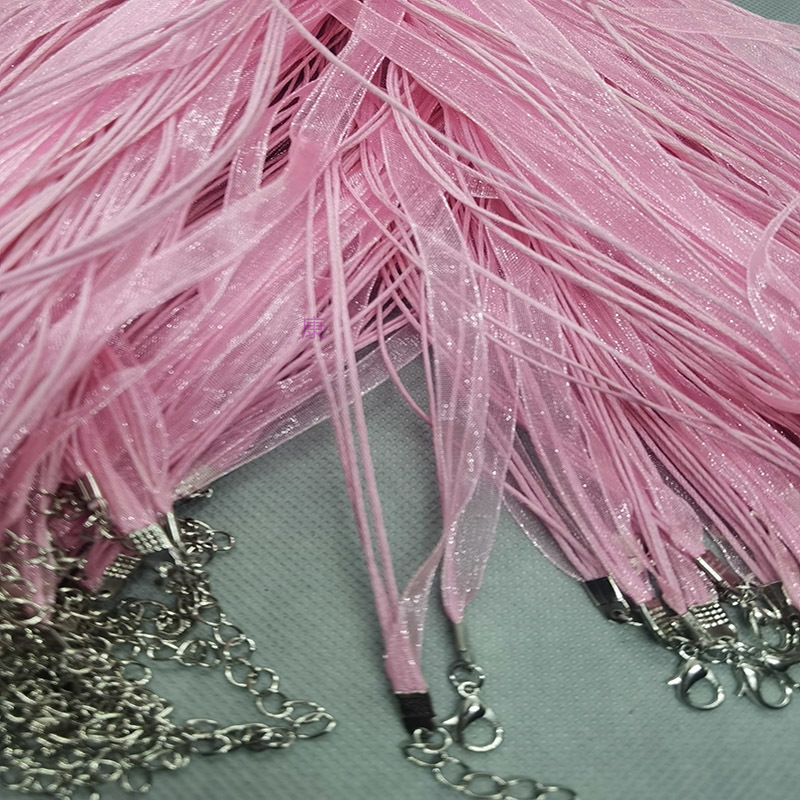 Pink yarn rope 3+1 three 6mm pink yarn ribbons and 1.5mm pink wax thread length 43cm and 5cm lobster buckle tail chain 100 pieces Item Picture