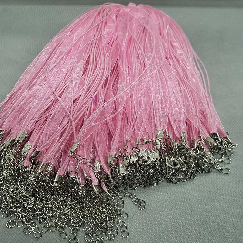 Pink yarn rope 3+1 three 6mm pink yarn ribbons and 1.5mm pink wax thread length 43cm and 5cm lobster buckle tail chain 100 pieces full figure