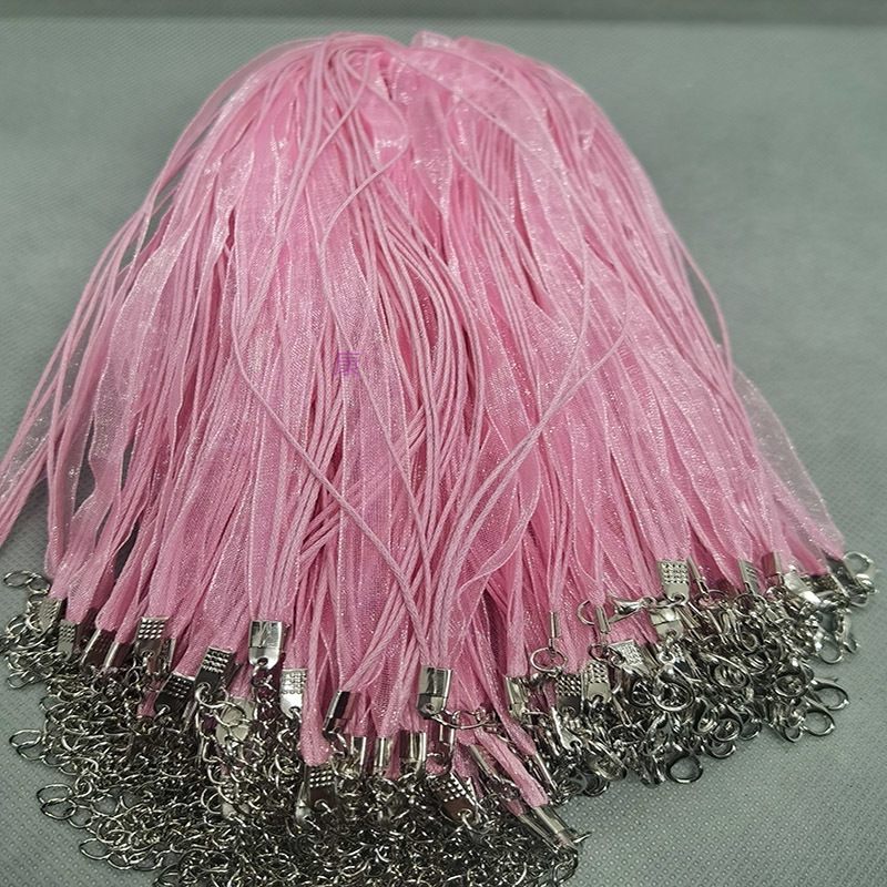 Pink yarn rope 3+1 three 6mm pink yarn ribbons and 1.5mm pink wax thread length 43cm and 5cm lobster buckle tail chain 100 pieces details Picture