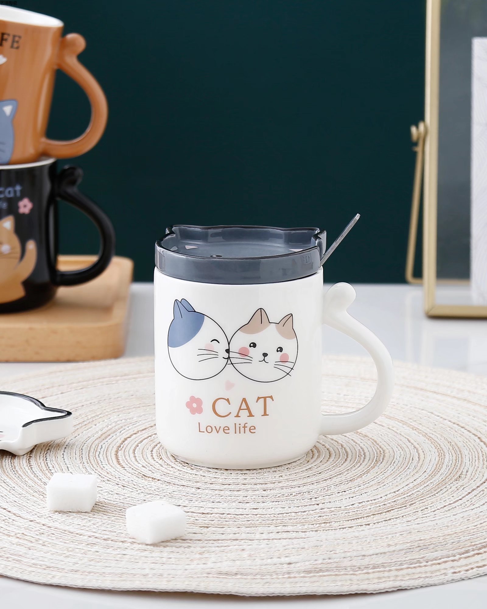 可爱小猫陶瓷杯创意咖啡杯色釉马克杯礼品水杯详情2