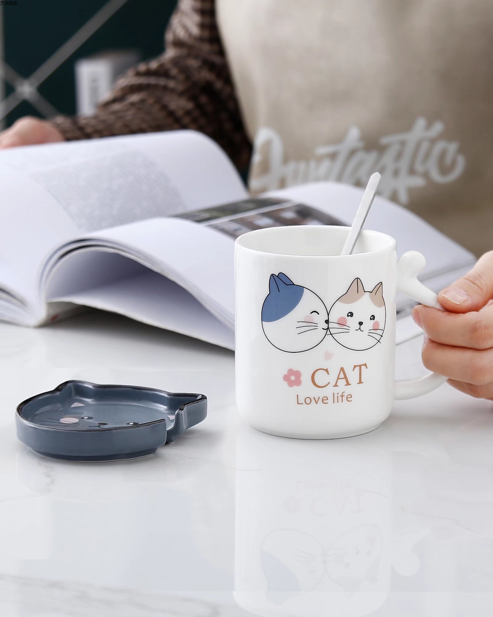 可爱小猫陶瓷杯创意咖啡杯色釉马克杯礼品水杯详情8