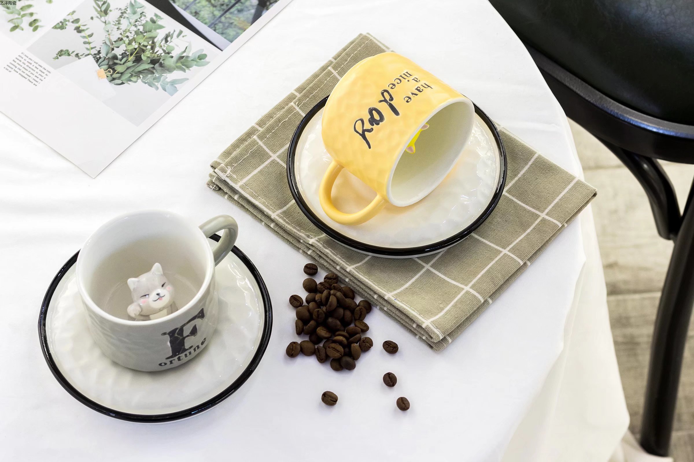 可爱熊猫咖啡碟创意陶瓷杯时尚马克杯色釉水杯浮雕杯子详情5