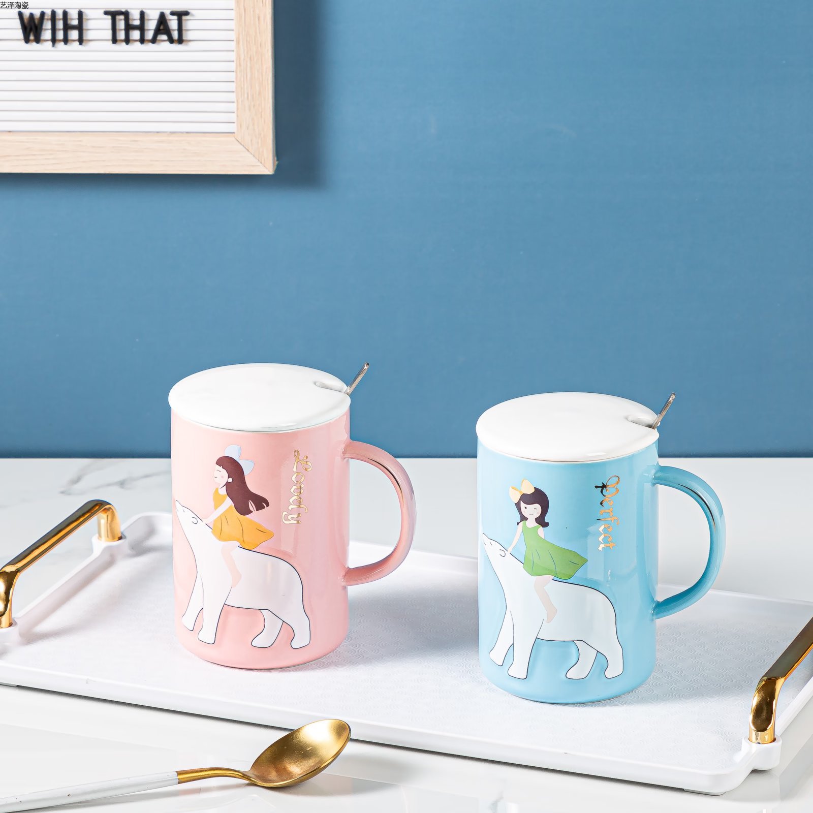 创意陶瓷杯北极熊咖啡杯色釉水杯带盖勺杯子详情5